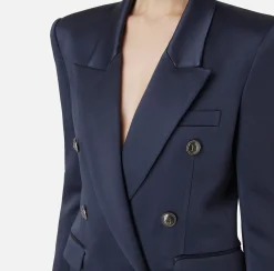 Elisabetta Franchi Jackets And Trench Coats|Tailleur|Double-breasted jacket in satin Navy