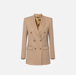 Elisabetta Franchi Tailleur|Jackets And Trench Coats|Double-breasted jacket in cool wool Camel