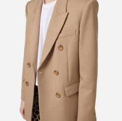 Elisabetta Franchi Tailleur|Jackets And Trench Coats|Double-breasted jacket in cool wool Camel