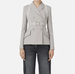 Elisabetta Franchi Jackets And Trench Coats|Tailleur|Double-breasted melange cool wool jacket with elastic harness Pearl