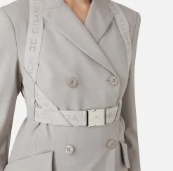 Elisabetta Franchi Jackets And Trench Coats|Tailleur|Double-breasted melange cool wool jacket with elastic harness Pearl