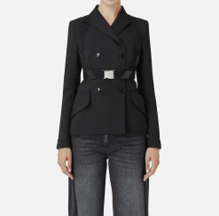 Elisabetta Franchi Jackets And Trench Coats|Tailleur|Double-breasted melange cool wool jacket with elastic harness Black
