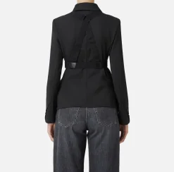 Elisabetta Franchi Jackets And Trench Coats|Tailleur|Double-breasted melange cool wool jacket with elastic harness Black