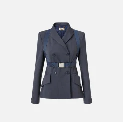 Elisabetta Franchi Jackets And Trench Coats|Tailleur|Double-breasted melange cool wool jacket with elastic harness Navy