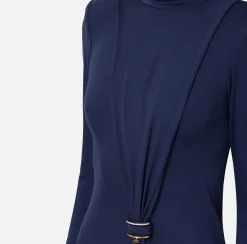 Elisabetta Franchi Mini Dresses|Dresses|Draped jersey mini-dress with jewel accessory Navy