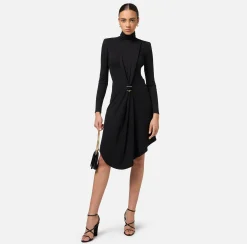 Elisabetta Franchi Mini Dresses|Dresses|Draped jersey mini-dress with jewel accessory Black