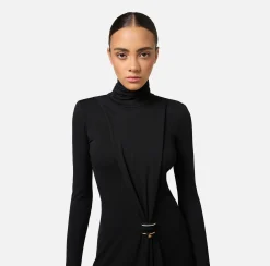 Elisabetta Franchi Mini Dresses|Dresses|Draped jersey mini-dress with jewel accessory Black