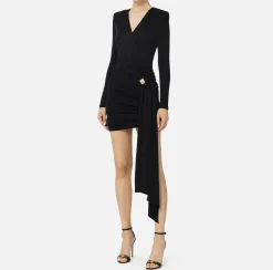 Elisabetta Franchi Mini Dresses|Dresses|Draped jersey mini-dress with jewel accessory Black