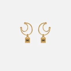 Elisabetta Franchi Jewelry|Earcuffs with double ring and logo charms in brass YellowGold/Black