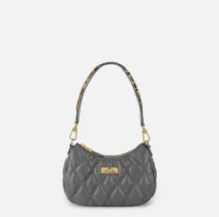 Elisabetta Franchi Shoulder Bags|Embossed fabric hobo bag with lettering Steel