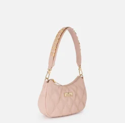 Elisabetta Franchi Shoulder Bags|Embossed fabric hobo bag with lettering Nude