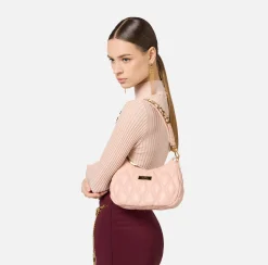 Elisabetta Franchi Shoulder Bags|Embossed fabric hobo bag with lettering Nude