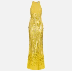 Elisabetta Franchi Red Carpet Dresses|Red Carpet|Embroidered red carpet dress with organza fringing Mimosa