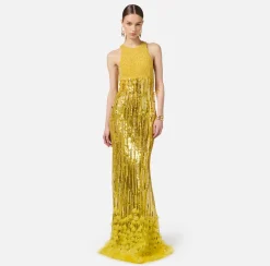 Elisabetta Franchi Red Carpet Dresses|Red Carpet|Embroidered red carpet dress with organza fringing Mimosa