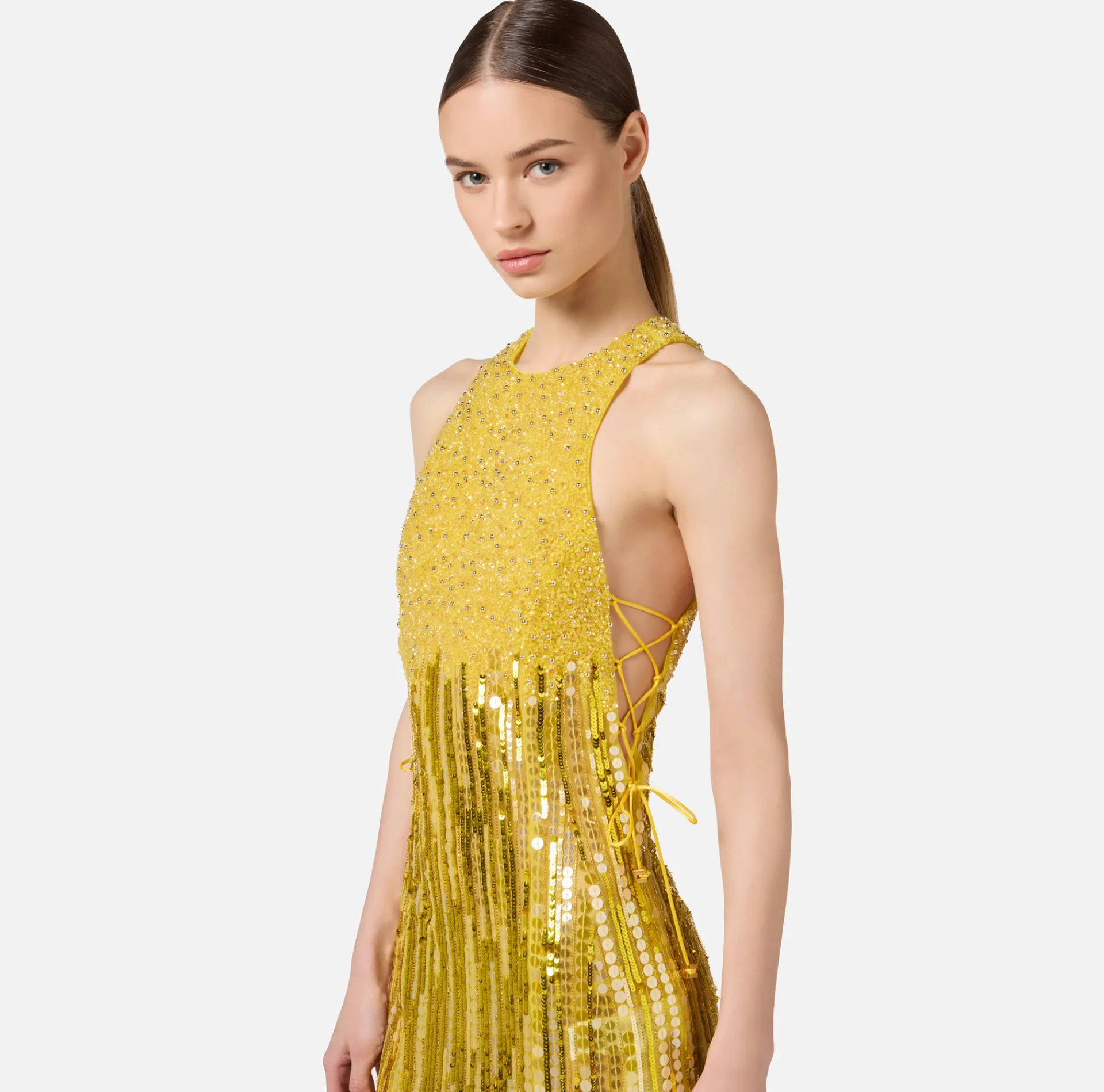 Elisabetta Franchi Red Carpet Dresses|Red Carpet|Embroidered red carpet dress with organza fringing Mimosa