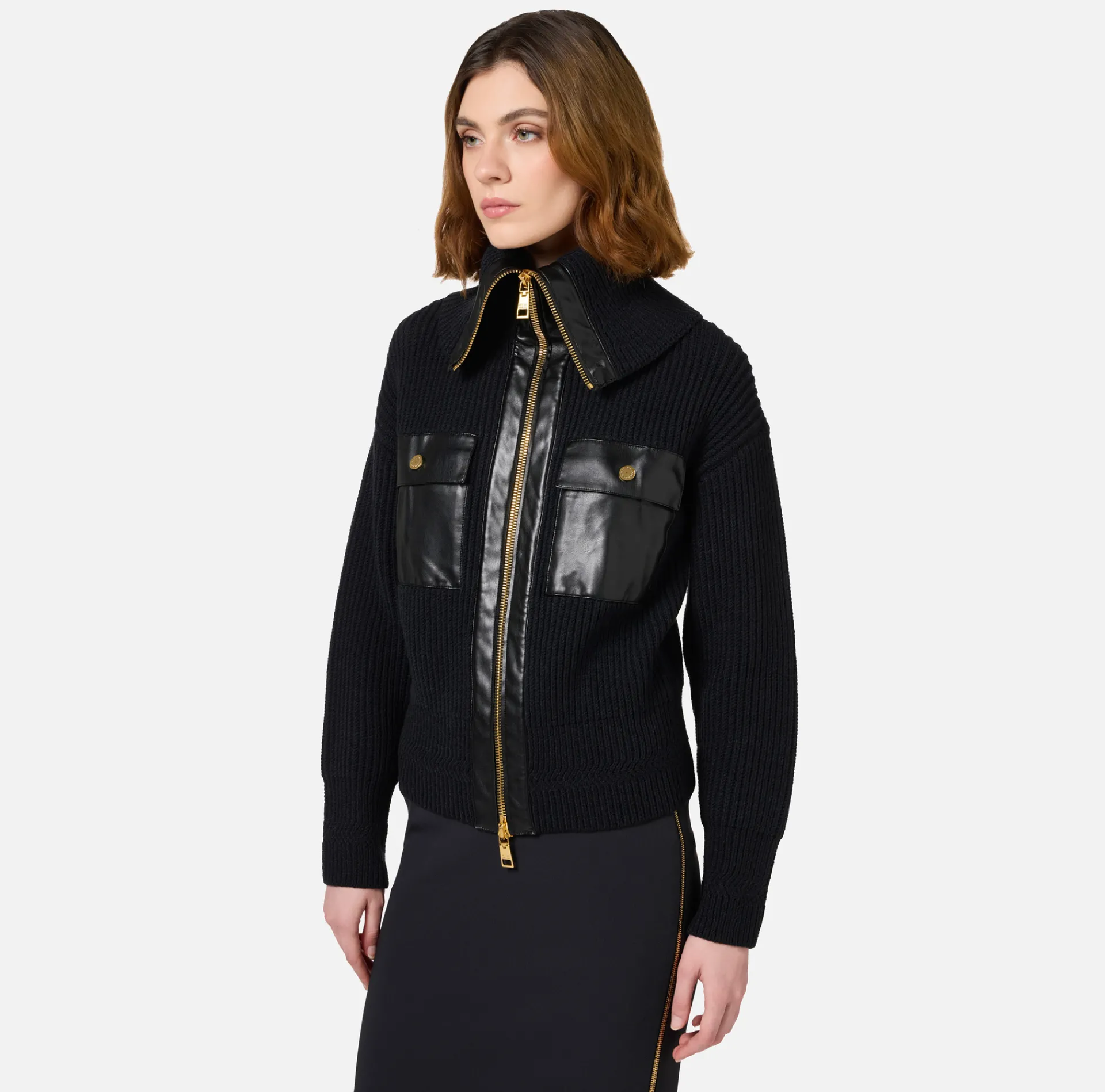 Elisabetta Franchi Knitwear And Sweatshirts|Fisherman’s rib wool cardigan with maxi zip Black