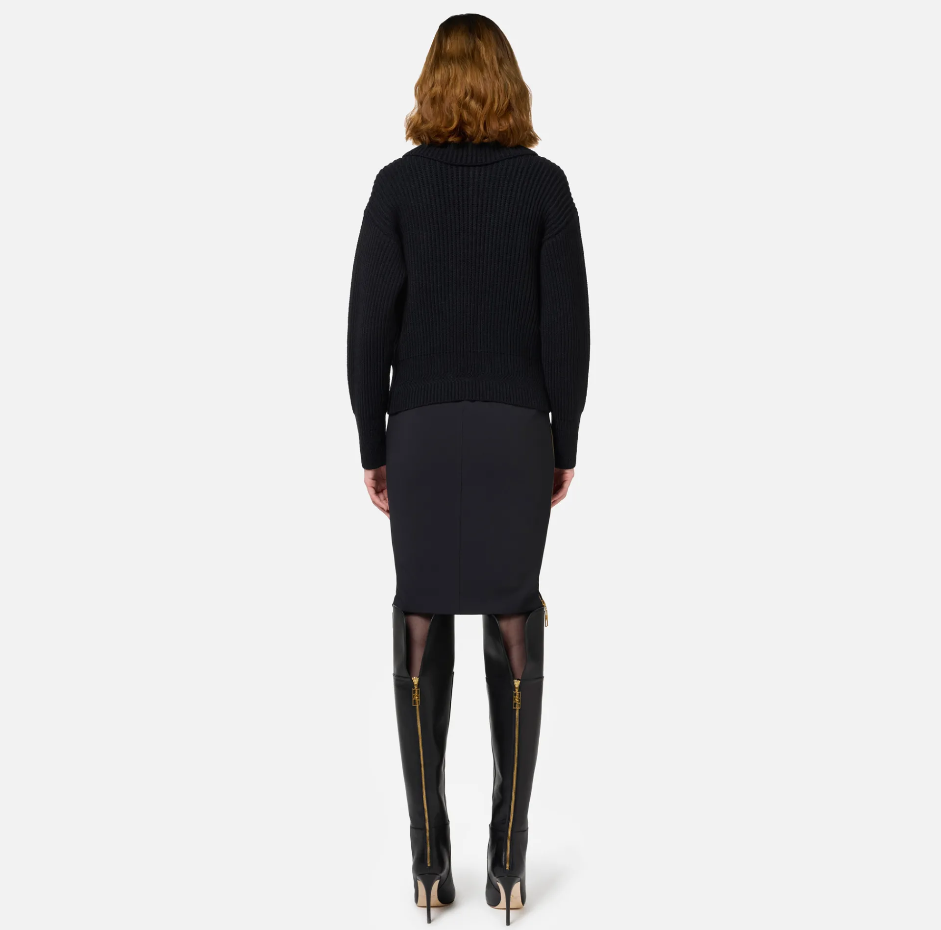 Elisabetta Franchi Knitwear And Sweatshirts|Fisherman’s rib wool cardigan with maxi zip Black