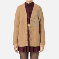 Elisabetta Franchi Knitwear And Sweatshirts|Fisherman’s rib wool cardigan with logo patch Camel