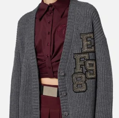 Elisabetta Franchi Knitwear And Sweatshirts|Fisherman’s rib wool cardigan with logo patch