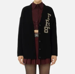 Elisabetta Franchi Knitwear And Sweatshirts|Fisherman’s rib wool cardigan with logo patch Black