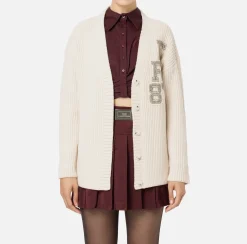 Elisabetta Franchi Knitwear And Sweatshirts|Fisherman’s rib wool cardigan with logo patch Butter