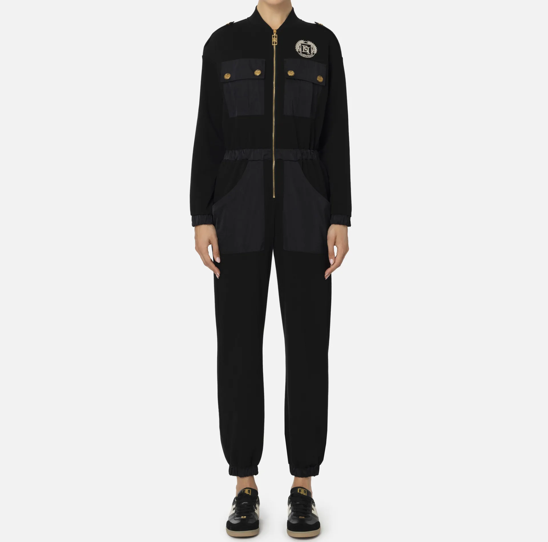 Elisabetta Franchi Jumpsuits|Fleece jumpsuit with pockets in technical nylon Black