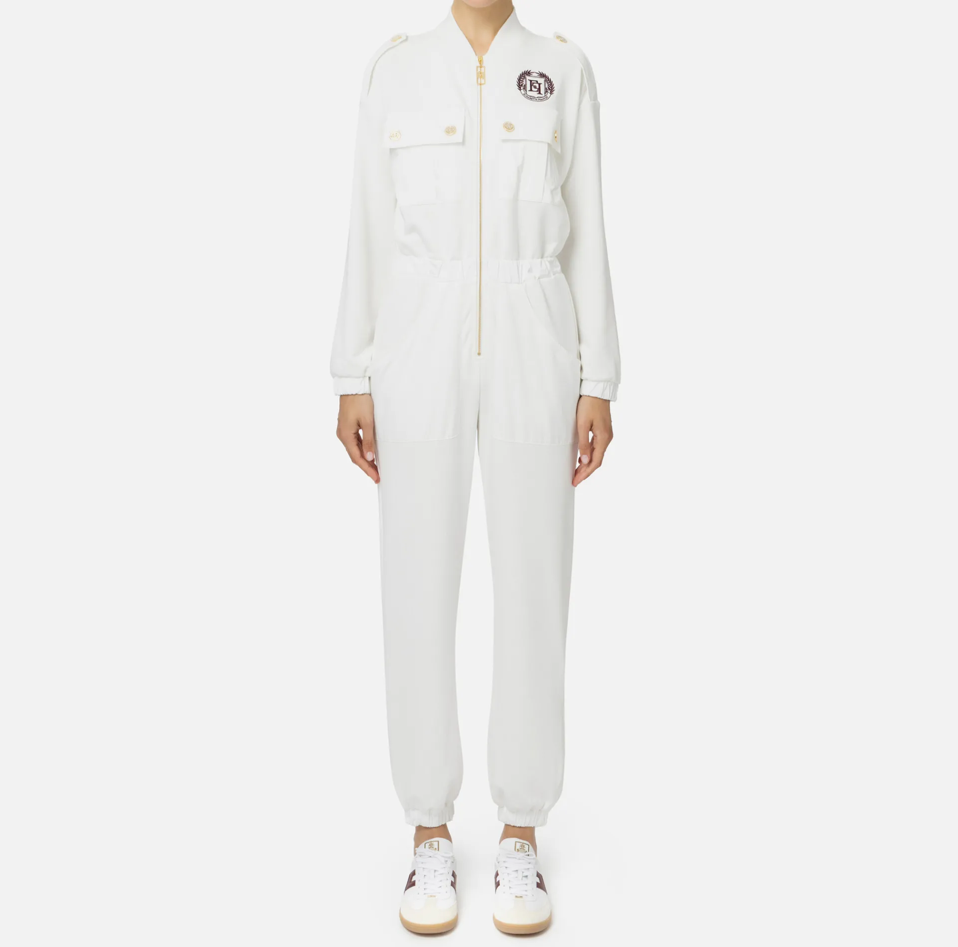 Elisabetta Franchi Jumpsuits|Fleece jumpsuit with pockets in technical nylon Ivory