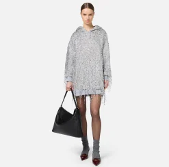 Elisabetta Franchi Mini Dresses|Dresses|Fleece mini-dress with hood and sequin fringes