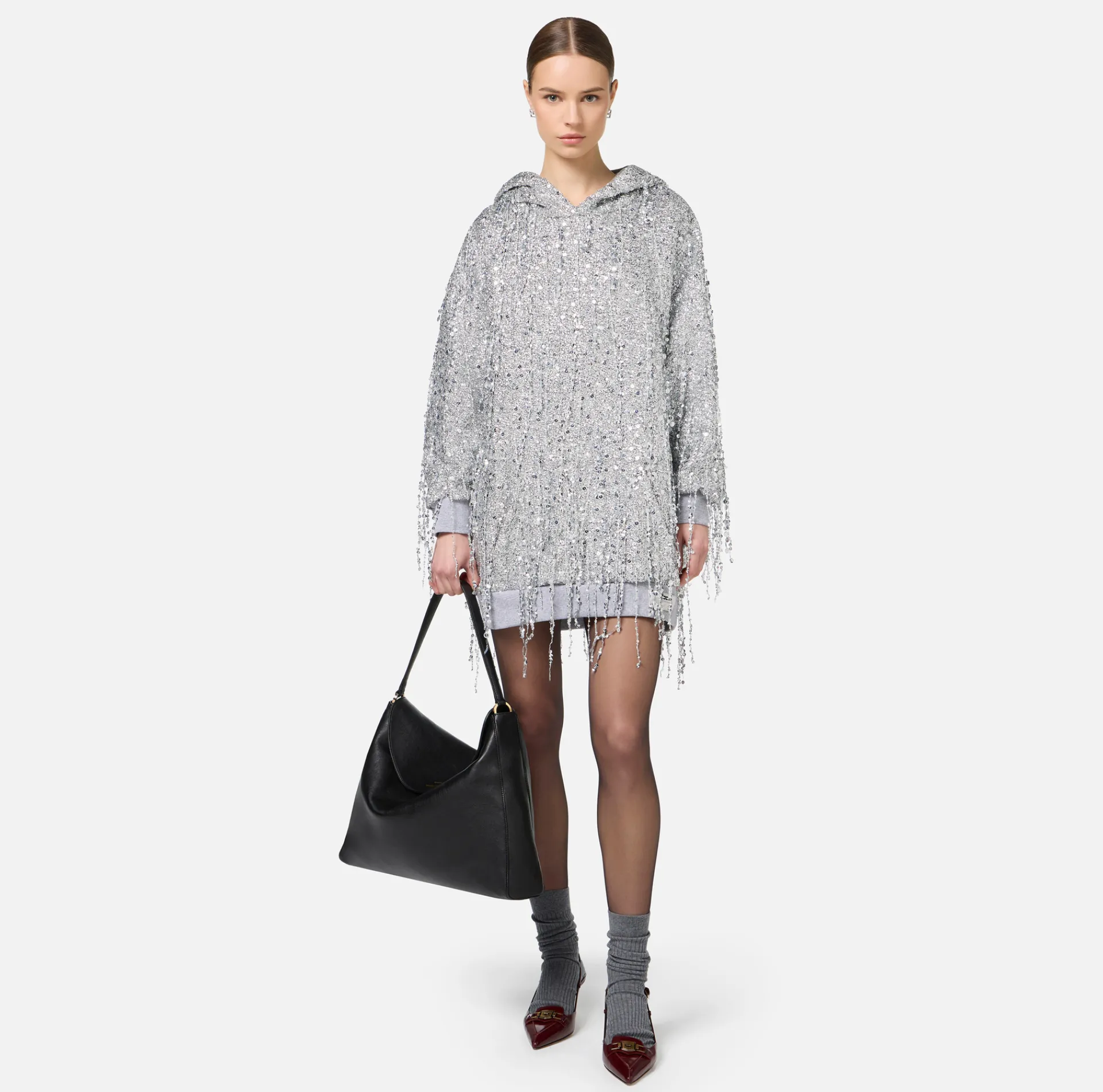 Elisabetta Franchi Mini Dresses|Dresses|Fleece mini-dress with hood and sequin fringes