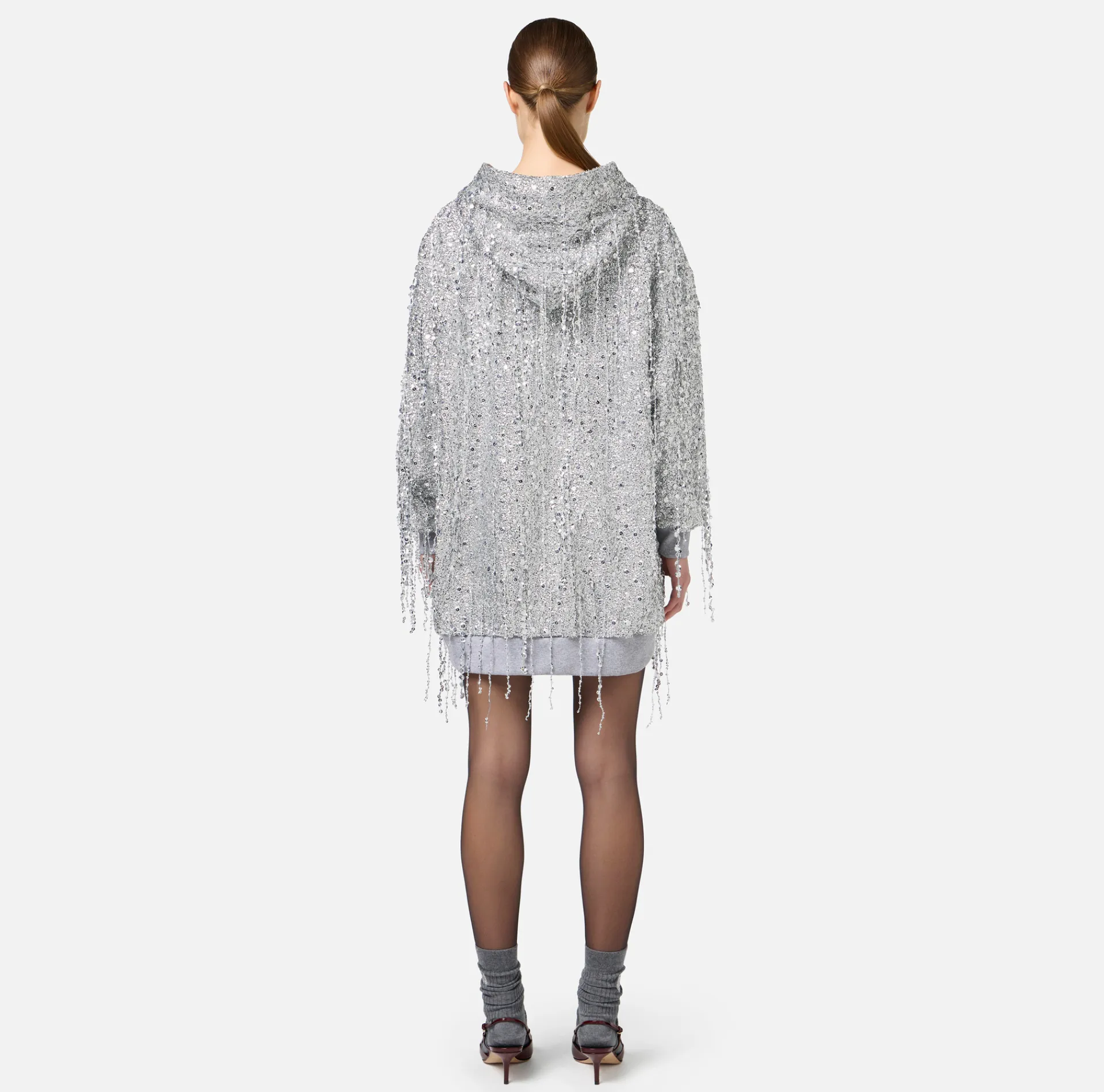 Elisabetta Franchi Mini Dresses|Dresses|Fleece mini-dress with hood and sequin fringes