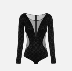 Elisabetta Franchi Top And T-Shirts|Flock Lycra and tulle bodysuit Black