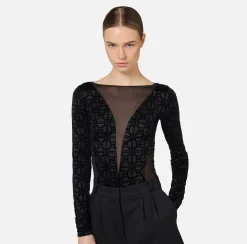 Elisabetta Franchi Top And T-Shirts|Flock Lycra and tulle bodysuit Black