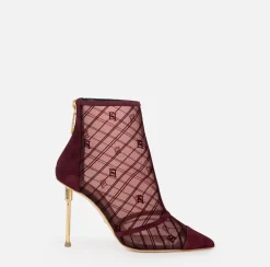 Elisabetta Franchi Boots|Flock mesh ankle boot with sculpted heel RougeNoir