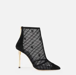Elisabetta Franchi Boots|Flock mesh ankle boot with sculpted heel Black