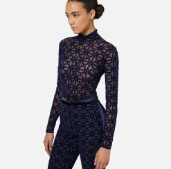 Elisabetta Franchi Top And T-Shirts|Flock printed bodysuit in tulle fabric Navy