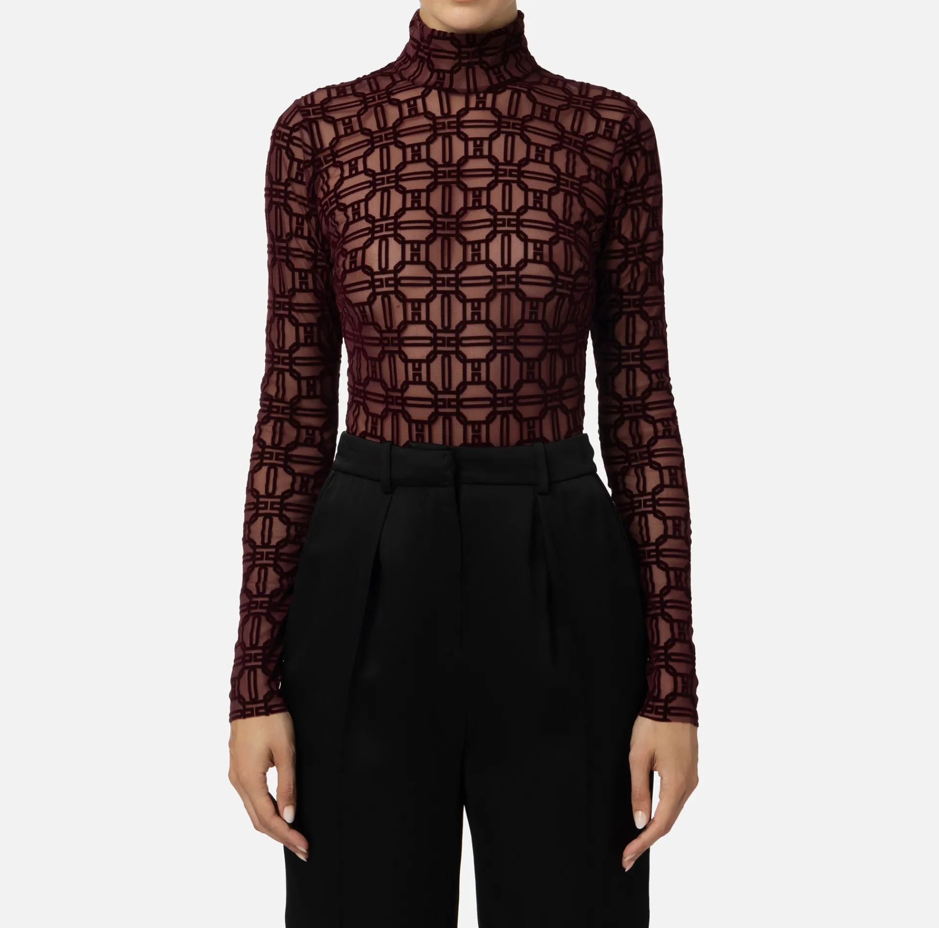 Elisabetta Franchi Top And T-Shirts|Flock printed bodysuit in tulle fabric RougeNoir