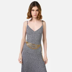 Elisabetta Franchi Belts|Golden metal chain belt with rhinestone tip YellowGold