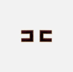 Elisabetta Franchi Jewelry|Golden metal earrings with logo and velvet
