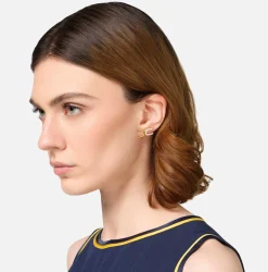 Elisabetta Franchi Jewelry|Golden metal earrings with logo and rhinestones YellowGold