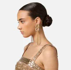 Elisabetta Franchi Jewelry|Golden metal pendant earrings with maxi chain YellowGold