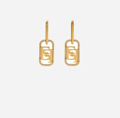 Elisabetta Franchi Jewelry|Golden metal ring earrings with logo charms