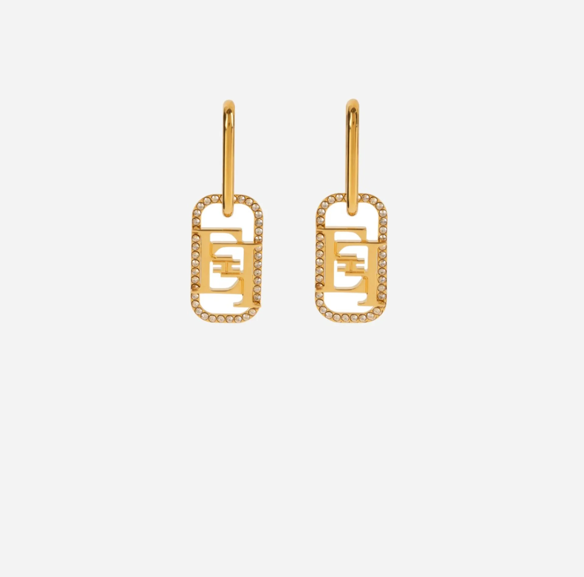 Elisabetta Franchi Jewelry|Golden metal ring earrings with logo charms