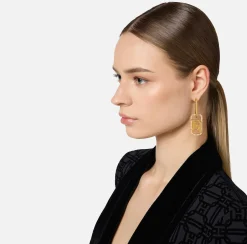 Elisabetta Franchi Jewelry|Golden metal ring earrings with logo charms