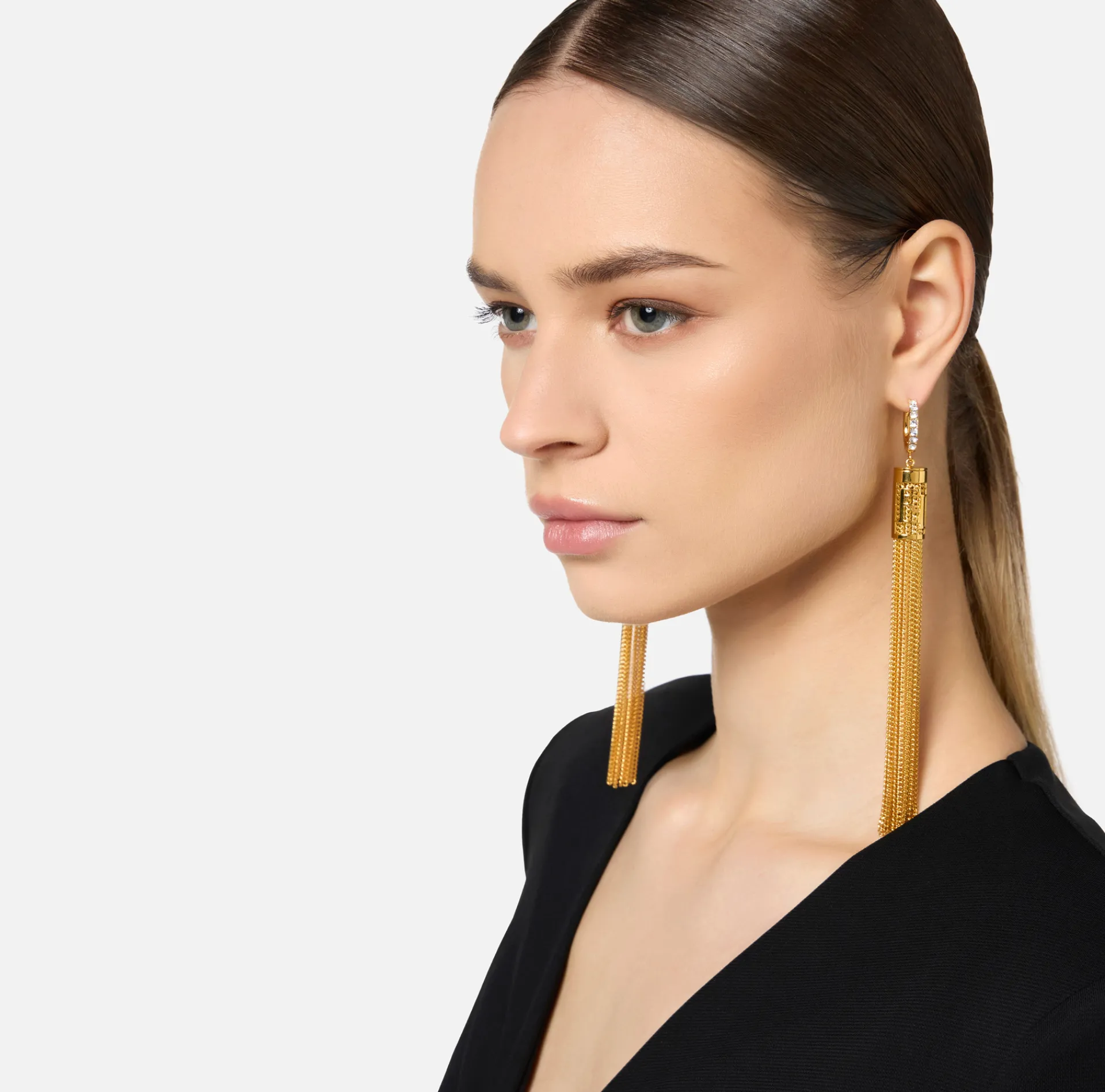 Elisabetta Franchi Jewelry|Golden metal ring earrings with tassels