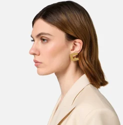 Elisabetta Franchi Jewelry|Golden metal thick logo earrings with rhinestones YellowGold