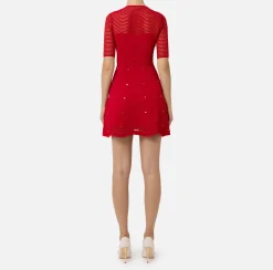 Elisabetta Franchi Mini Dresses|Knitted Dresses|Herringbone pattern mini-dress in viscose fabric with studs RedPassion