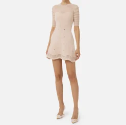 Elisabetta Franchi Mini Dresses|Knitted Dresses|Herringbone pattern mini-dress in viscose fabric with studs PowderPink