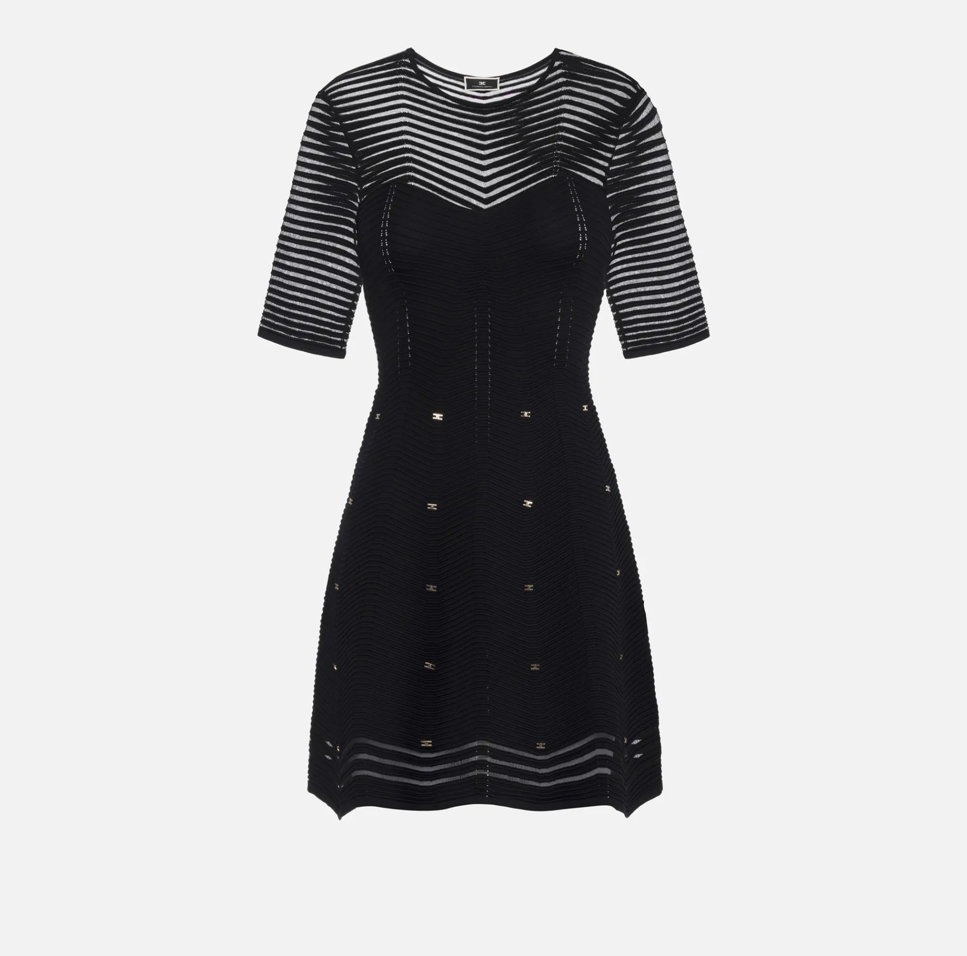 Elisabetta Franchi Mini Dresses|Knitted Dresses|Herringbone pattern mini-dress in viscose fabric with studs Black