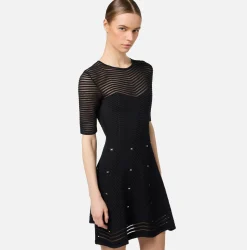 Elisabetta Franchi Mini Dresses|Knitted Dresses|Herringbone pattern mini-dress in viscose fabric with studs Black