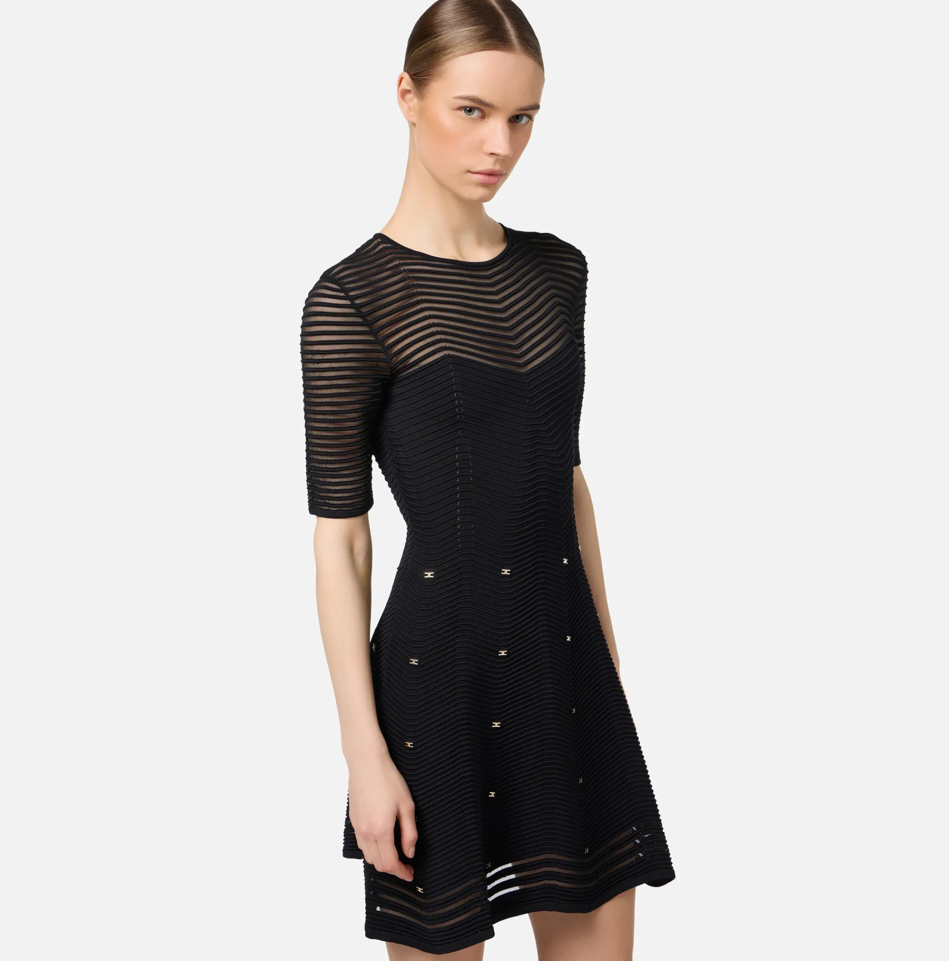 Elisabetta Franchi Mini Dresses|Knitted Dresses|Herringbone pattern mini-dress in viscose fabric with studs Black